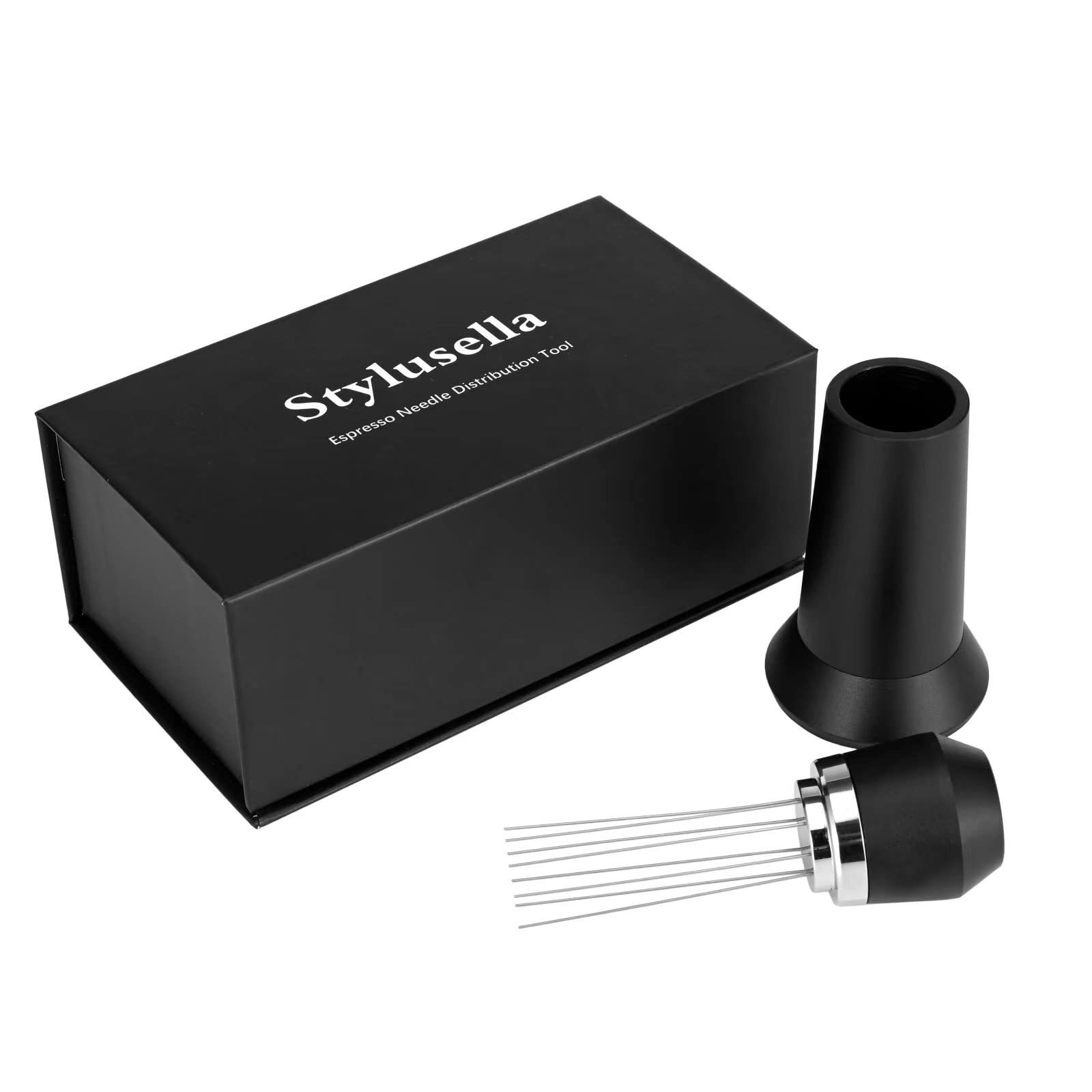 Stylusella Black Espresso Needle Distribution Tool, Wdt Tool Espresso, Stainless Steel 8 Needles Espresso Needle Distributor, Espresso Needle Stirrer With Aluminium Alloy Stand