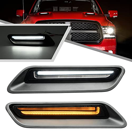 Mingrui test 2Pcs White&Amber LED Hood Scoop Light for 2010-2018 Ram 1500 Sport Hood Air Flow Vent Grille Lamp with DRL Turn Signal Lights Functions Smoked Lens