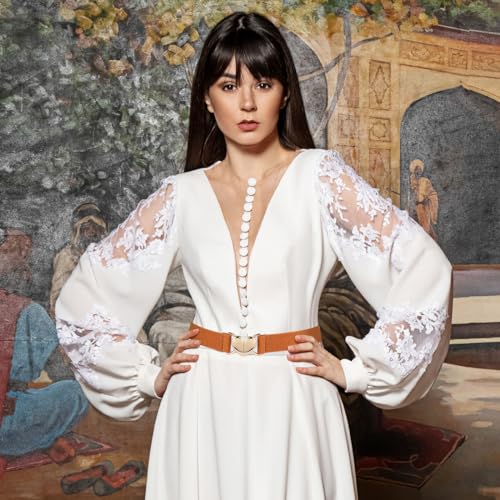 Women Heart Elastic Belt, Stretch Invisible Ladies Belts with Gold Flat Buckle Skinny Waist Belt for Dresses Jeans(Brown)