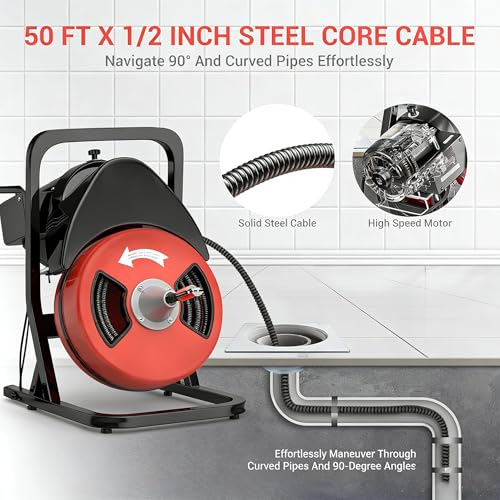 Image of Garvee 50FTx1 /2 Inch Drain Cleaner Machine with Wheels, Sewer Snake Electric Drain for 2 inch to 4 inch Pipes, Plumbing Snake Auger Cleaner with 6 Cutter & Foot Switch for Sewer, Sink, Toilet, Bathroom