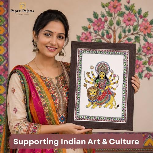 Image of PAPER PAJAMA Goddess Durga Vastu Wall Art for Living Room | Madhubani Maa Durga Painting with Lion | Traditional Mithila Religious Framed Decor for Home Temple & Office (10x13 Inches)