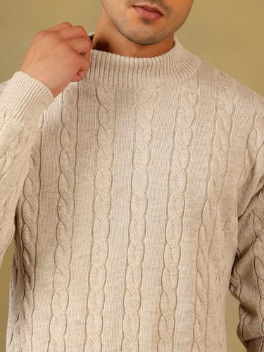 Image of Kvetoo Men's High Neck Cable Knit Sweater | Winter Pullover | Warm Wool Blend |Casual Full Sleeve Sweater for Men | Stylish Ribbed Neck Slim Fit Winterwear