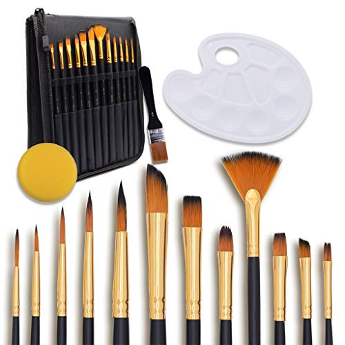 Acrylic Paint Brushes Set 16PCS with Includes Carrying Case Palette Sponge and 1.2