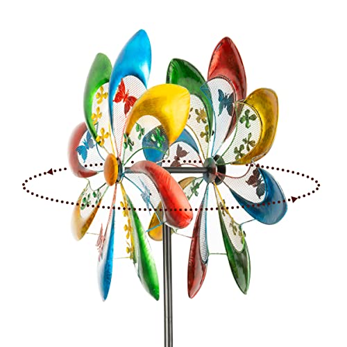 Sowsun Extra Large Wind Spinner Outdoor Metal Yard Sculpture, 24" Dia 71" Tall Garden Spinner With Colorful Flower Blades, Dual Rotors Wind Sculpture For Outdoor, Patio, Yard Art, Garden Decoration #TOP7