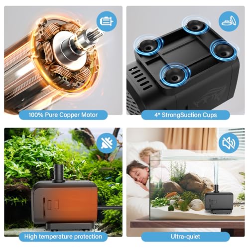 Image of AQQA Submersible Aquarium Water Pump, Fountain Pump with Adjustable Flow,Dual-Suction Side /Bottom Intake,Ultra-Quiet Thermal Protection for Freshwater Saltwater Fish Tanks Pond Statuary Hydroponics20W