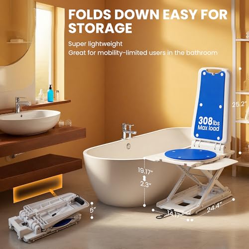 Portable Floor & Bath Lift ，Lightweight Foldable IP68 Waterproof Lift for Seniors，Electric Chair Lift, Remote Control Floor Lift with Padded Backseat, Bathtub Lift Elderly from Floor (Blue) - Thumbnail 2