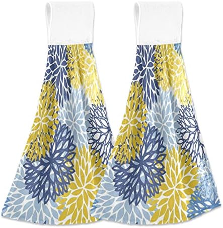 Kcldeci Dahlia Floral 2 Pcs Hanging Kitchen Hand Towels Boho Paisley Blue and Yellow Flower Rustic Kitchen Wears Hanging Tie Towels Dishcloths Sets