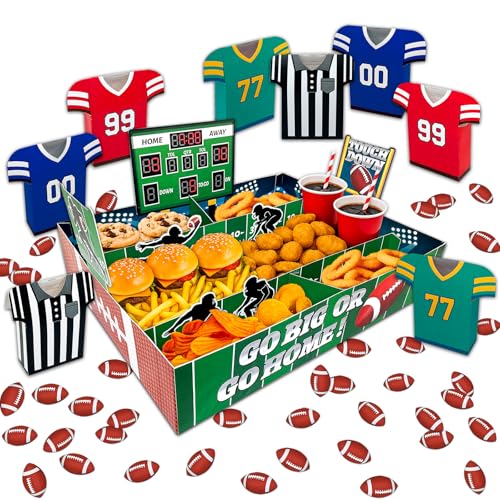 HonuGoGo 49-Piece Football Stadium Food Tray Kit – Paper Snack Boxes, Confetti and Large Stadium Tray for Game Day, Tailgate, Superbowl and Sports Party Supplies