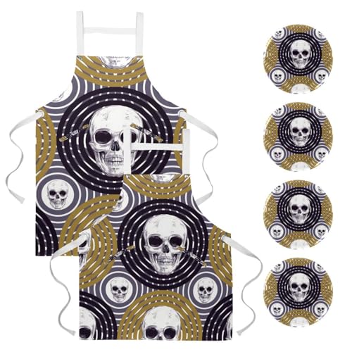 Lot de 2 tabliers de cuisine avec 4 broches tête de mort