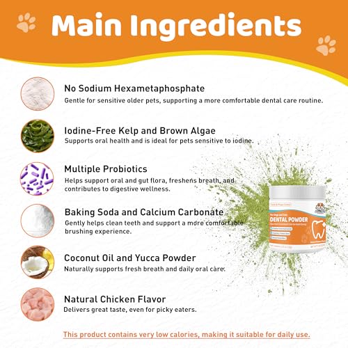 Image of Dog Teeth Cleaning Powder - Natural Dog Dental Powder -Gentle Dog Breath Freshener, Dog Plaque and Tartar Remover, Vet Formulated No Sodium Hexametaphosphate- 60 Scoops, 4.23oz (120g)