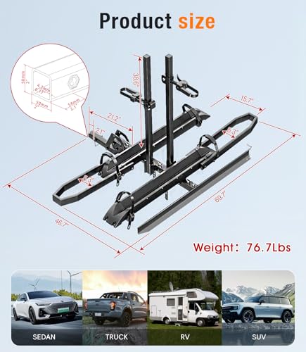 EBike Rack with Ramp for Tow Hitch with 300lbs Load Capacity, Car Bike Rack for Electric Mopeds, Fat Tire Mountain Bicycles, E Bike Carrier Raks for 2 Bikes, Fits SUV, Truck, RV, Van