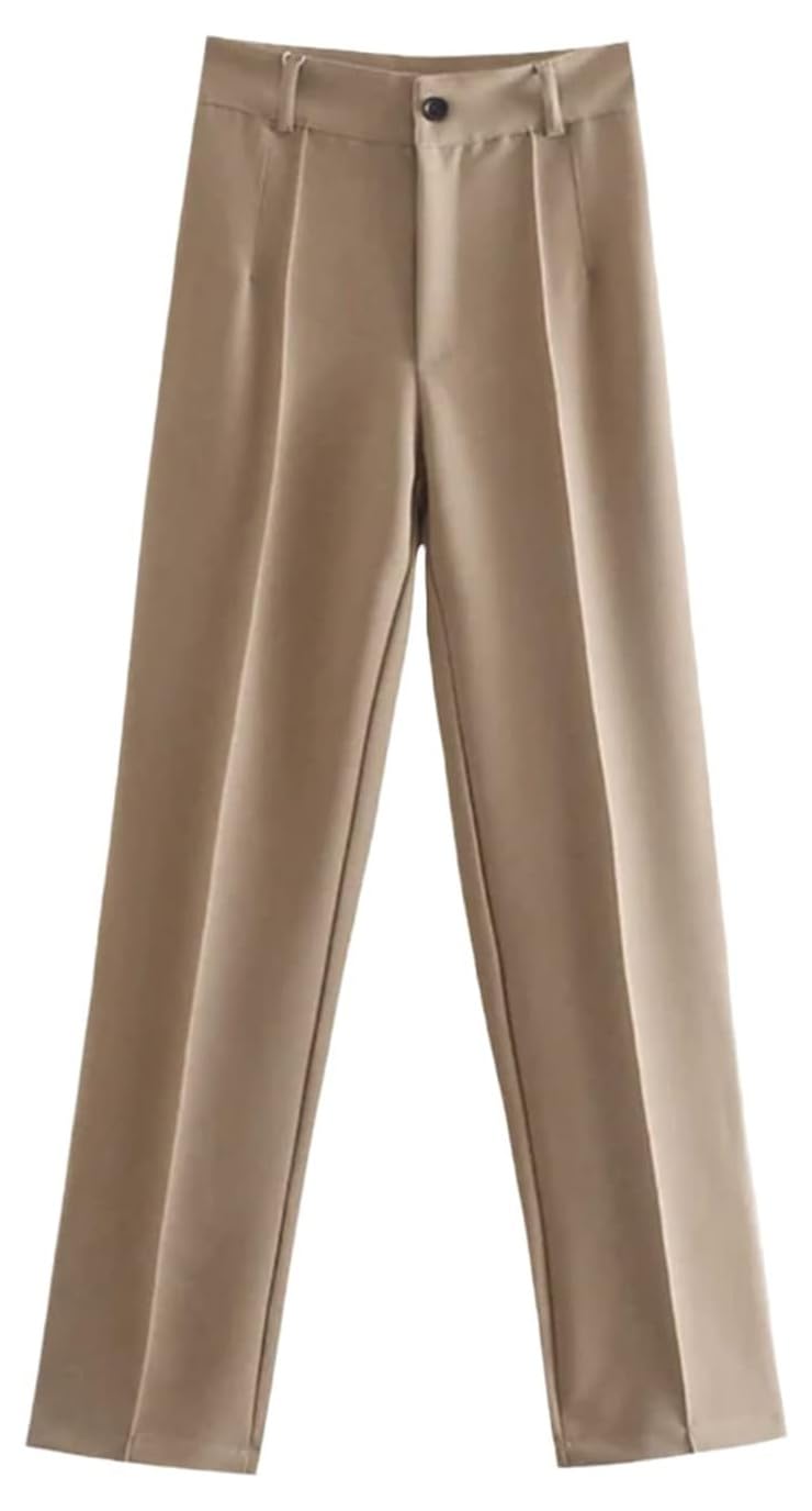 Generic Womens Spring Summer Vintage Button Front Wide Leg Pants Elegant Zipper Fly Straight Full Length Pant