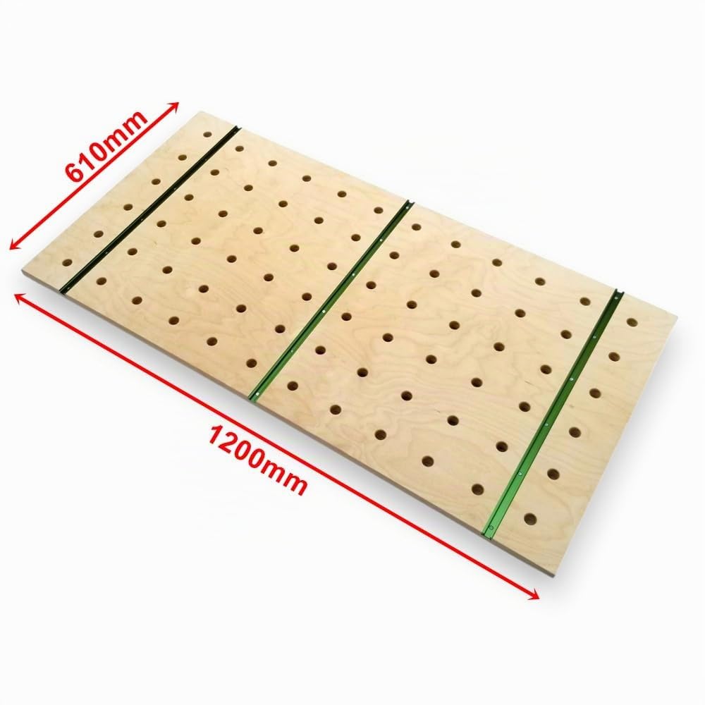 Plan de travail d'ébéniste 1200x610 mm, perçages de 20 mm, avec rails à rainure en T, contreplaqué