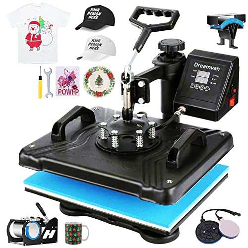 Heat Press 5 in 1 Tshirt Press Machine 360Â° Swing Away Clamshell Printing Press Sublimation Shirt Maker Machine 15" x 12" Heat Press Machine for T-Shirts Hat Cap Mug Plate Blue