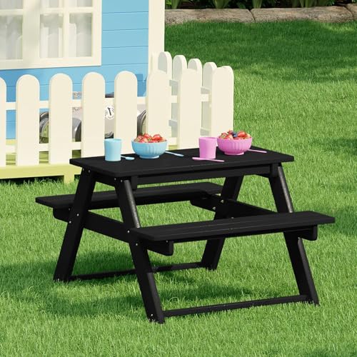 LLZJDDPLY Mesa de Picnic para Niños de HDPE, Mesa y Silla Infantil con 2 Bancos, para Jardín, Patio, Sala de Juegos, Fácil de Montar(Black)