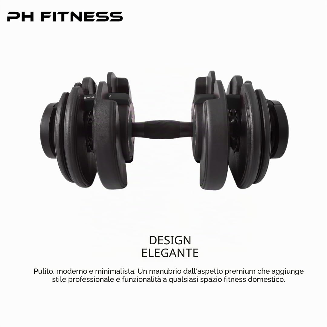 PH Fitness Manubri Regolabili Premium 24kg – 15 in 1 con Regolazione Rapida a Una Mano – Set Compatto per Palestra in Casa – 2,5-24 kg – Attrezzo Salvaspazio