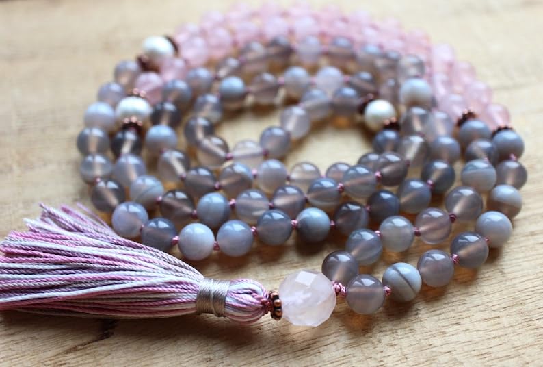 Cuentas Mala de ágata gris y cuarzo rosa, collar 108 Mala, mala anudada, collar WWG, joyería de yoga, cuentas de meditación, joyería espiritual, joyería bohemia, 34inch, Gema