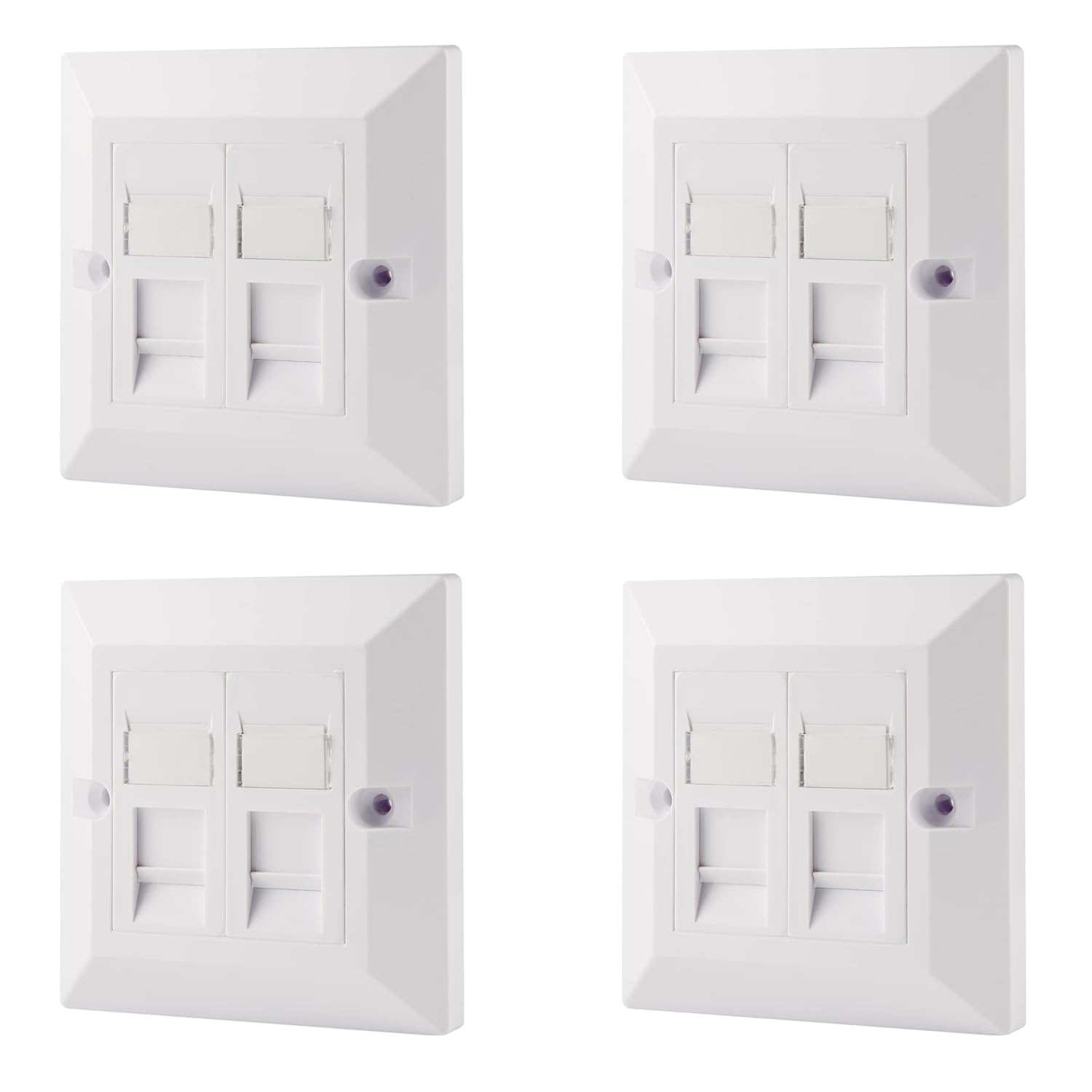 rhinocables CAT6 Ethernet Faceplate | Single 1, Double 2 & Quad 4 RJ45 Gang Wall Sockets | CAT 6 Setup for Printers, VoIP, Phones & More | Network Expansion for Home or Business (2 Port,Pack of 4)