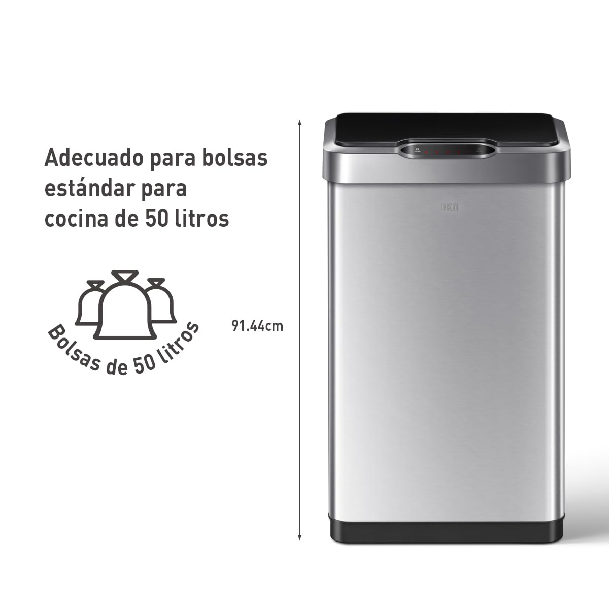 EKO Mirage-T | Cubo de Basura Cocina 50L con Sensor de Movimiento | Papelera Rectangular sin Contacto en Acero Inoxidable Cepillado