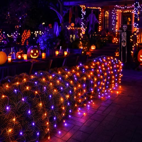 Image of Dazzle Bright Halloween 360 LED Net Lights, 12FT x 5FT Connectable Waterproof String Lights Clear Wire with 8 Modes, Halloween Decorations for Indoor Outdoor Party Yard Garden Decor, Purple & Orange