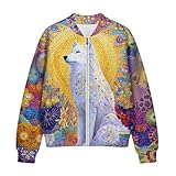 Pinupub Fancy Floral Wolf Jackets for Women Funny Graphic Long Sleeve Fall Bomber Jacket Causal Soft Comfy Stand Collar Zip Up Coat with Pockets Spring Outwear Size 2Xl