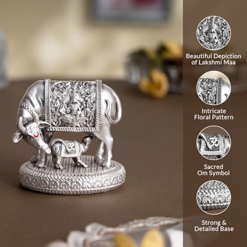 Image of Svastika 999 Silver Plated Kamdhenu Cow with Calf Idol | 2.5 Inch Kamadhenu Gomatha Vastu Showpiece | Kaamdhenu Idol for Puja | Anniversary Wedding Housewarming Gift