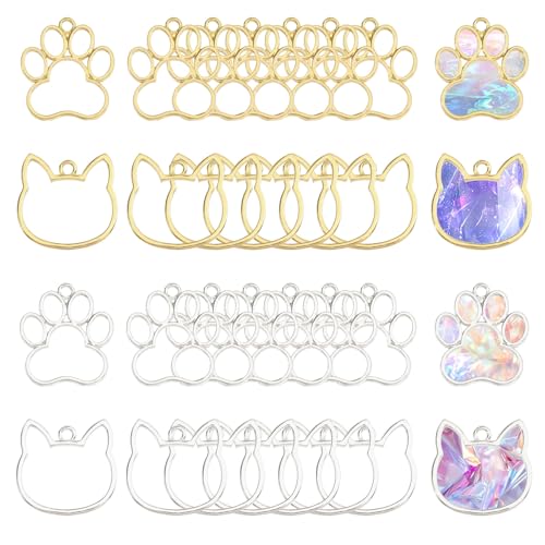 CHGCRAFT 32 Pcs Cat Head Dog Paw Alloy Open Back Bezel Pendants Hollow Blank Frame Trays
