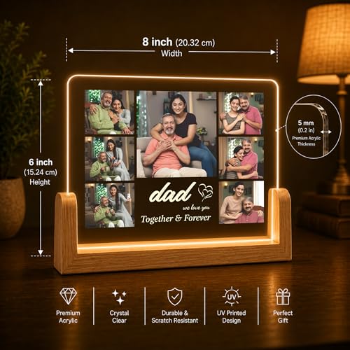 Image of Giftplease Customized Acrylic Photo Frame with LED Light Base | Personalized 7-Photo Collage | Custom Text Night Light | Ideal Birthday, Anniversary, Father, Parents, Family