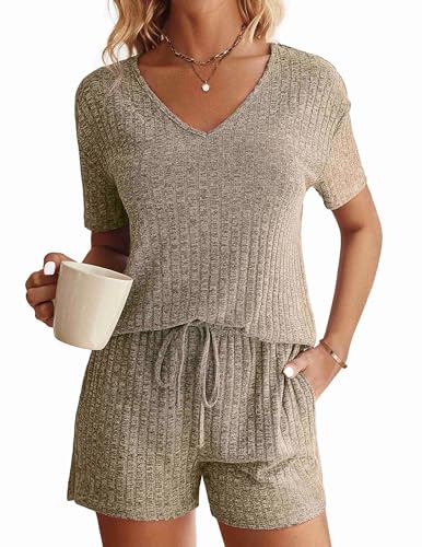 Image of Ekouaer Womens Ribbed Knit Lounge Set Short Sleeve Top and Shorts Sleepwear Pajama Set Two Piece Shorts Outfits Set