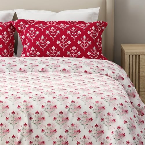 Image of Layers 100% Cotton for King Size Bed | 120 TC Floral, Soft, Breathable, Machine Washable Bedsheet with 2 Pillow Covers | Forever Collection (274 x 274 cm) - Pink & White