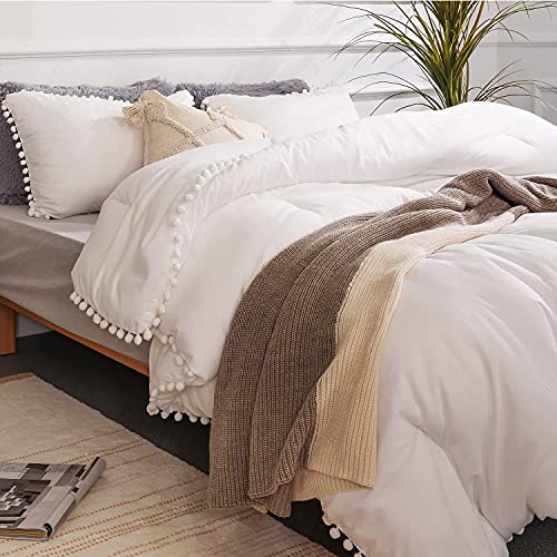 YIRDDEO Full Size Comforter Sets - Full Size Comforter with Ball Pom Fringe, Soft Bedding Set for All Seasons - 3 Pieces, 1 Comforter (79"x90") & 2 Pillow Shams(20"x26"), White