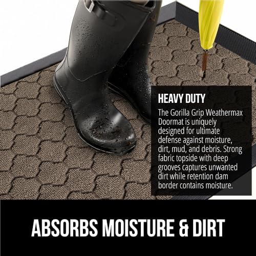 GORILLA GRIP 100% Waterproof All-Season WeatherMax Doormat US Designed Natural Rubber, Stain and Fade Resistant, Low Profile Indoor Outdoor Door Mats, Easy Clean Patio Mat, 17x29, Latte Quatrefoil