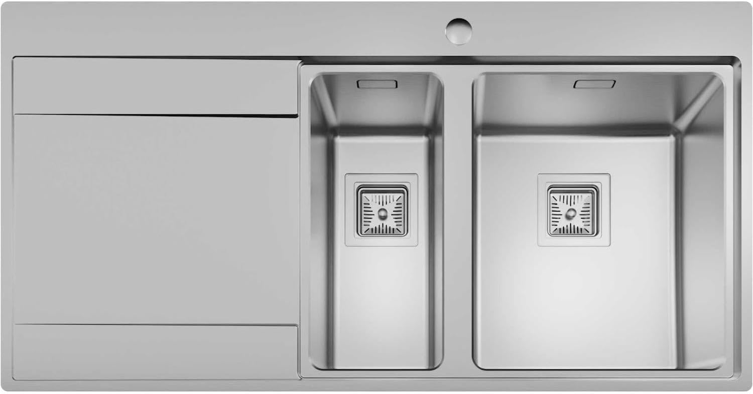 1000 x 520mm Stainless Steel Kitchen Sink One and Half 1.5 Bowl Inset Drop in Installation, Reversible Drainer, 18/8 Grade Steel Sinks, Free Basket Strainer Waste