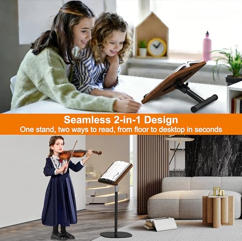 Image of NAMON 2-in-1 Dual-use Floor & Desktop Book Stand, Durable Metal & Wood, Height Adjustable 16.5 inch-51 inch, Floor Reading Stand for Sheet Music, Cookbooks, Projector (Walnut Finish, 11.8 inch x 16.5 inch Panel)