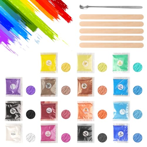 Gießpulver Set in 15 Farben 5g, Farbpigmente für Gießpulver mit Metal Löffel und 5 Holzstäbchen, Pearlescent Mica Powder, Epoxidharz Farbe für DIY Kunst, Gießharz, Seife, Kerzen und Bastelprojekte