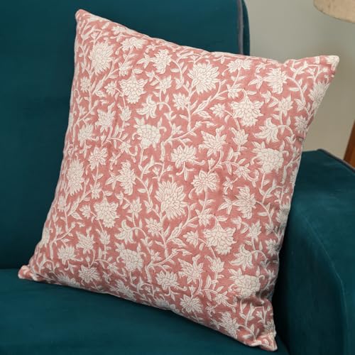 Image of Handblock Floral Printed Throw Pillow Cover for Sofa | 16 X 16 Inch Decorative Pillow Cases for Home Decor | Square Throw Pillow Covers for Bedroom (Set of 1, 16 * 16)