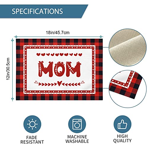 Mother's Day Placemats Set Of 6, Red Heart Buffalo Plaid Spring Summer Non Slip Heat Resistant Linen Cloth Place Mats, Washable Holiday Party Dining Table Mats For Farmhouse Home Kitchen Decor #TOP6