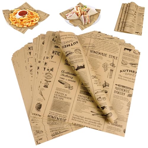 HAGOT 100 Feuilles Papier Emballage Alimentaire, 40x30cm Emballage Alimentaire, Papier D'Emballage Frites, Style Journal Vintage, Étanche et Résistant à...