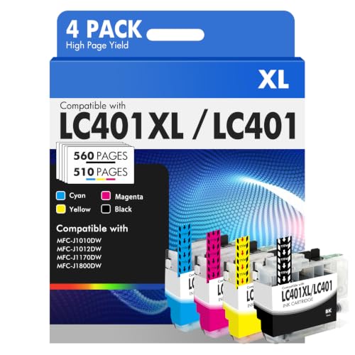 Image of LC401 LC401XL MFC-J1010DW Ink Cartridges for Brother Printer LC 401 401XL for MFC-J1010DW MFC-J1170DW MFC-J1012DW MFC-J1800DW MFC J1010DW - 4 Pack High Yields Black Cyan Magenta Yellow