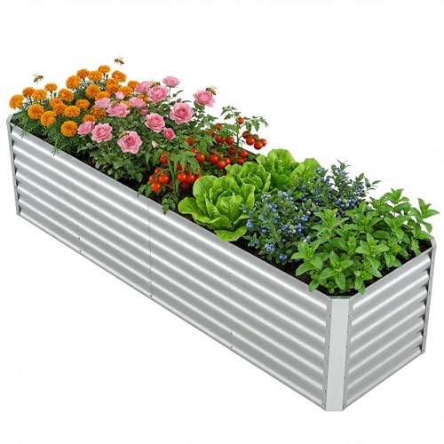 8x2x2 FT Galvanized Raised Garden Bed Rectangle Elevated Metal Outdoor Planter Box Large Planter for Flowers Vegetables Fruit and Herbs 24-Inch Ergonomic Height Helps Reduce Bending Open Bottom
