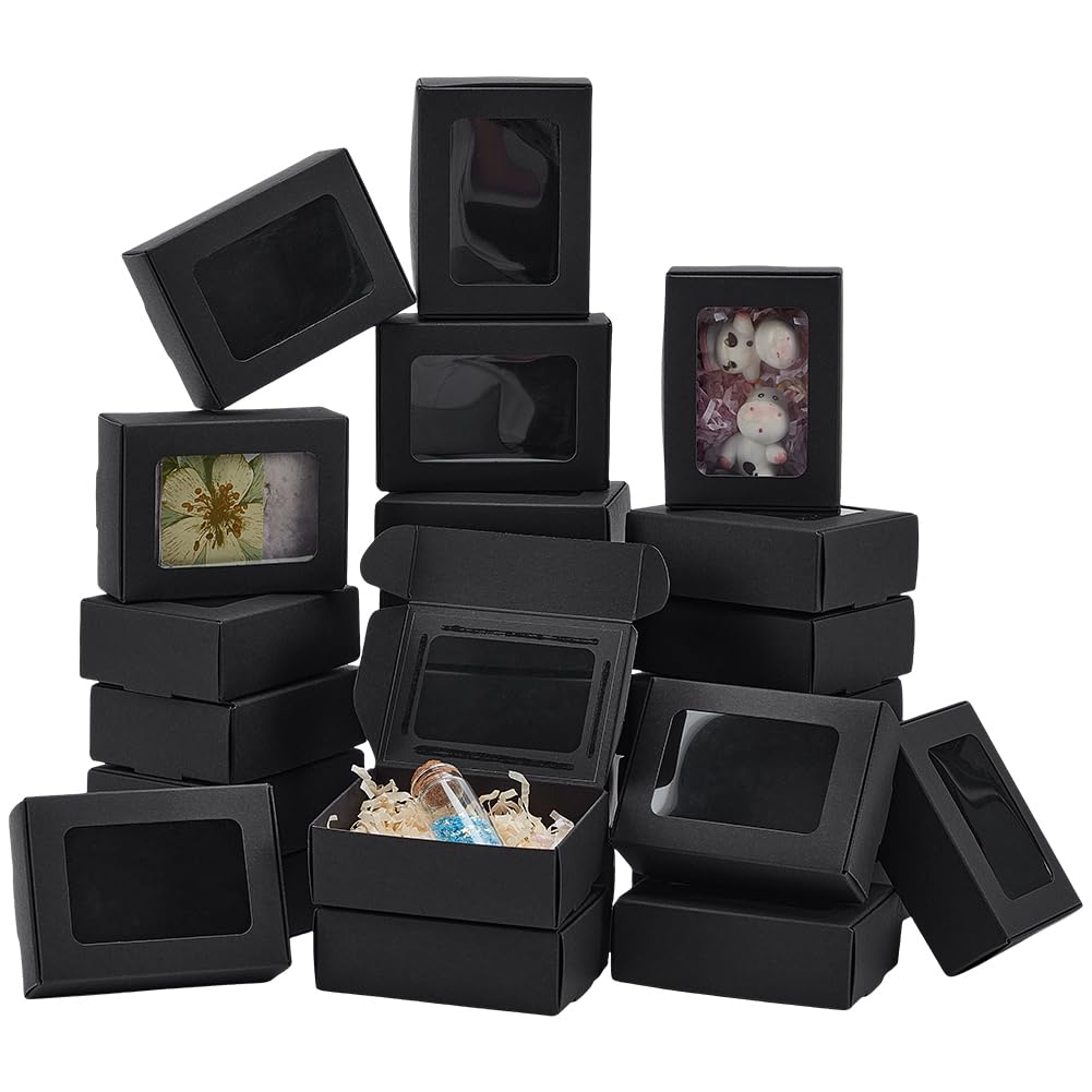PH PandaHall 40pcs Christmas Box with Window Black Gift Boxes Foldable Cookies Candy Box Soap Packaging Boxes for Xmas Chocolate Treat Jewellery Party Present 6.7x9.1x3cm
