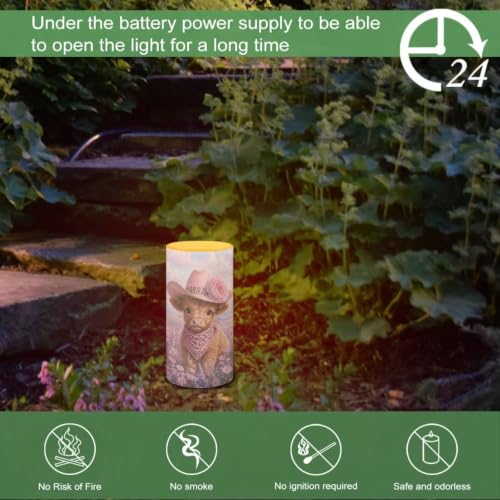 Image of Poceacles Flickering Flameless LED Battery Candles Pillar Candles Tealight with 18-Key Timer Remote with Colorful Light for Indoor Outdoor Home Decor, Cowboy Highland Cow Floral Print Pink