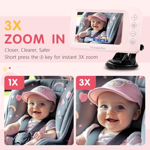 Image of S100P Baby Car Camera with Ultra Night Vision, 5'' HD 1080P IPS Baby Car Monitor with 3X Zoom, Backseat /Carseat /Rear Seat Camera USB, Easy No-Damage Install, Safety for Infants and Pets (5 inch Pink)