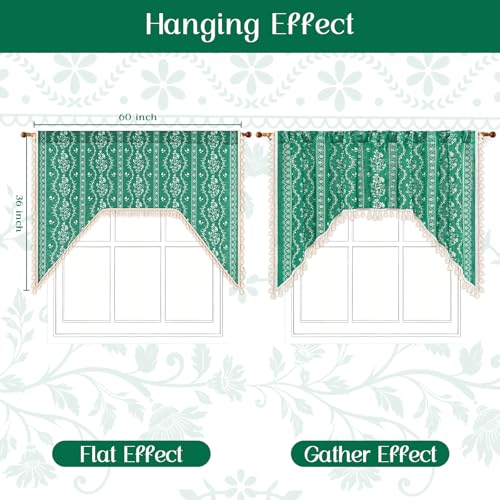 Image of Yinhua Boho Swag Valance Curtains Vintage Linen Valances for Windows Light Filtering Floral Kitchen Valance Rod Pocket Farmhouse Rustic Tassel Window Valances for Bathroom Cafe, 60 inch W x 36 inch L, Teal