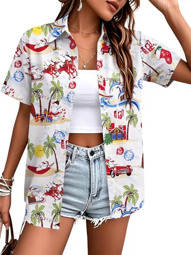 Christmas in July Shirt Women Hawaiian Xmas Button Down Tee Funny Ugly Santa Graphic Short Sleeve Button Up Tops White