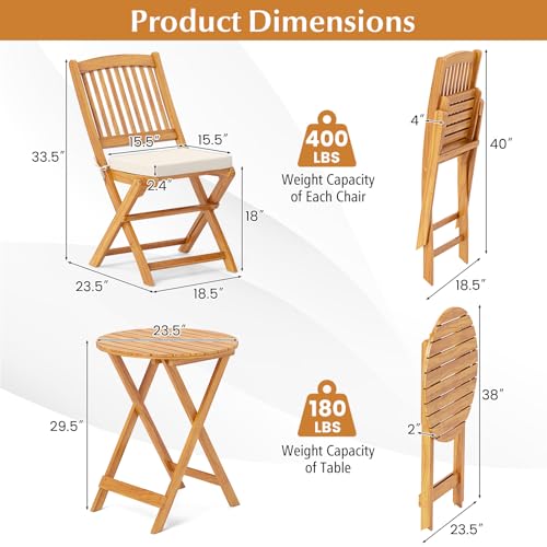 Image of Tangkula 3 Pieces Acacia Wood Patio Folding Bistro Set, Outdoor Table and Chairs Set with Soft Cushions, Patio Furniture Set for Porch, Balcony, Garden, Deck and Backyard