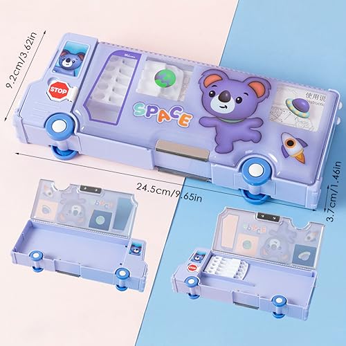 Image of School Bus Pencil Case, Cartoon Pen Box with Sharpener, Large Capacity Stationery Organizer, Best Birthday Gifts for Kids Teens School Supplies(Purple)