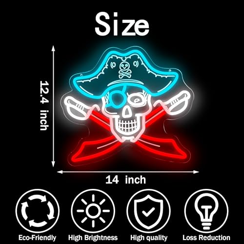 Image of Pirate Skull Neon Sign, USB Powered LED Light for Room Decor | Skull Wall Decor for Bedroom, Game Room, Halloween Party, Bar, Pirate Theme and Gift