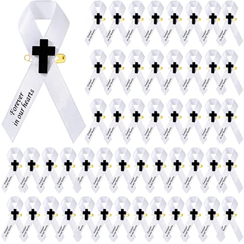 50 Pcs Memorial Funeral Ribbon with Cross Pins Respect Ribbon Bow Forever in Our Heart for Funeral Party Armband Mourning Event Remembrance Supplies(White)