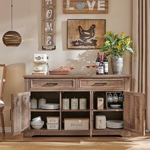 JXQTLINGMU 55" Large Buffet Sideboard Cabinet with 3 Doors and 2 Drawers, Buffet Table Coffee Bar Wine Bar Storage Cabinet for Dining Room, Living Room, Warm Brown JXQTLINGMU 55 Large Buffet Sideboard Cabinet with 3 Doors and 2 Drawers Buffet Table Coffee Bar Wine Bar Storage Cabinet for Dining Room Living Room Warm Brown